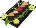 Gunkans with salmon, shrimp, scallop, tuna and caviar on a plate, beautifully served with lime, herbs and cucumber